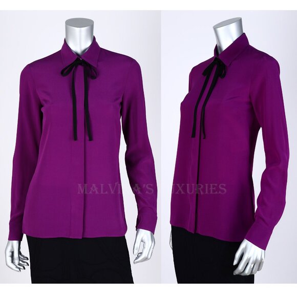 GUCCI SHIRT SILK CREPE DE CHINE BLOUSE VIOLET TOP REMOVABLE BOW - Picture 2 of 10